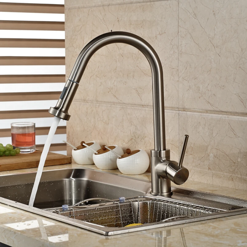 Luxury Deck Mounted Pull Out Dual Sprayer Kitchen Sink Mixer Tap Brushed Nickel Bathroom Kitchen Single