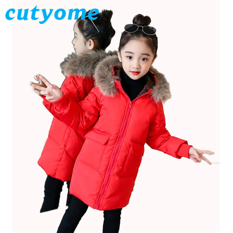 

2018 New Fashion Teenage Girls Winter Jackets Children Winter Fur Collar Hooded Warm Parka Coat Kids Outerwear Clothing 3-14Yrs