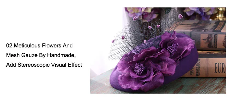 FS чародей 100% шерсть шляпа-таблетка женские свадебные Шапки фиолетовые элегантные фетровые федоры для Для женщин Женский цветы черный