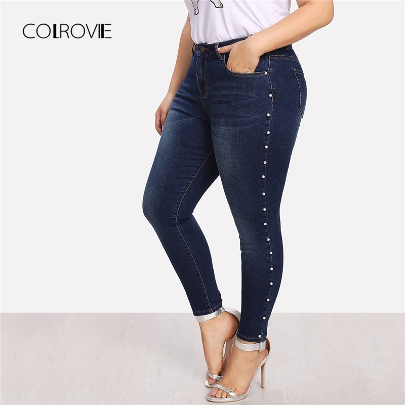 Billig COLROVIE Plus Größe Blau Perlen Perlen Casual Denim Jeans Frau Herbst Vintage Tasche Dünne Frauen Jeans Femme Stretchy Hosen