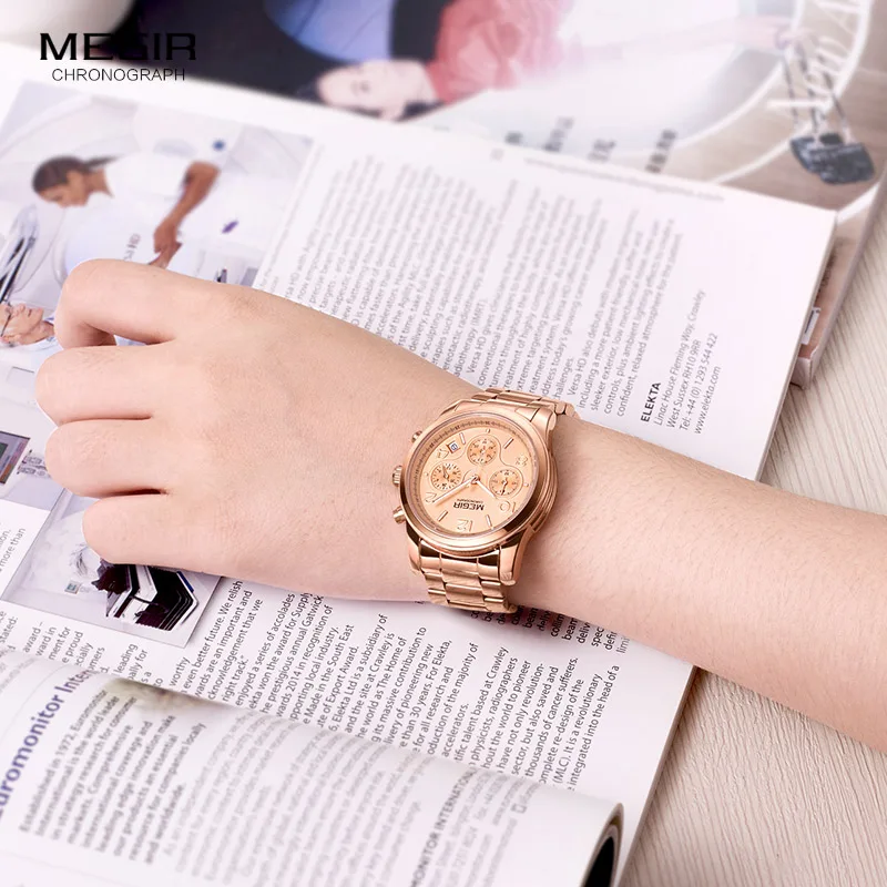 Megir Woman's Chronograph Quartz Watch with Gold Stainless Steel Bracelete 24 Hours Calendar Display Wristwatch for Ladies 2057L