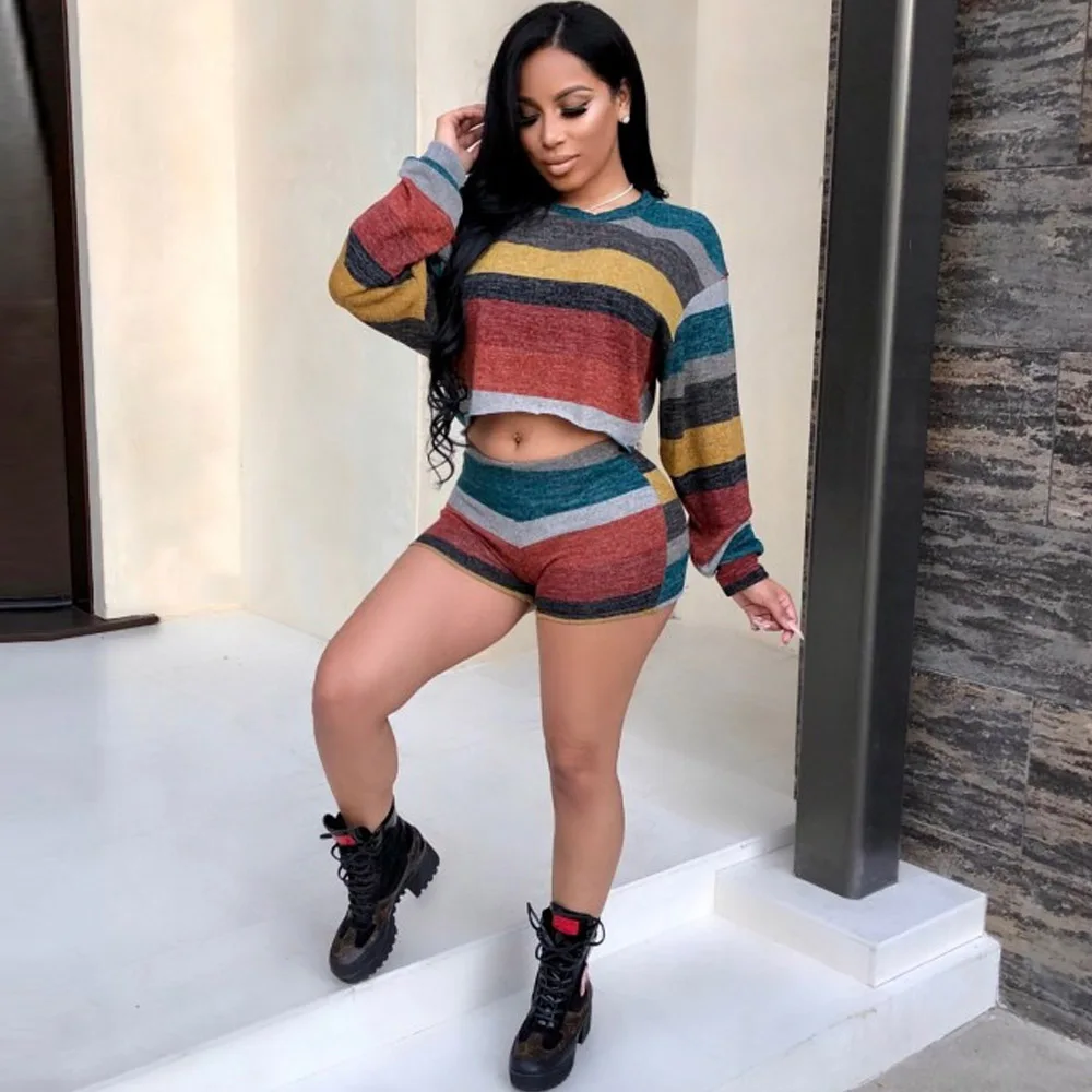 Two Piece Set Striped Playsuits Casual Short Pants Jumpsuit Rompers Sexy Crop Top Bodycon Overalls Long Sleeve Women Bodysuit