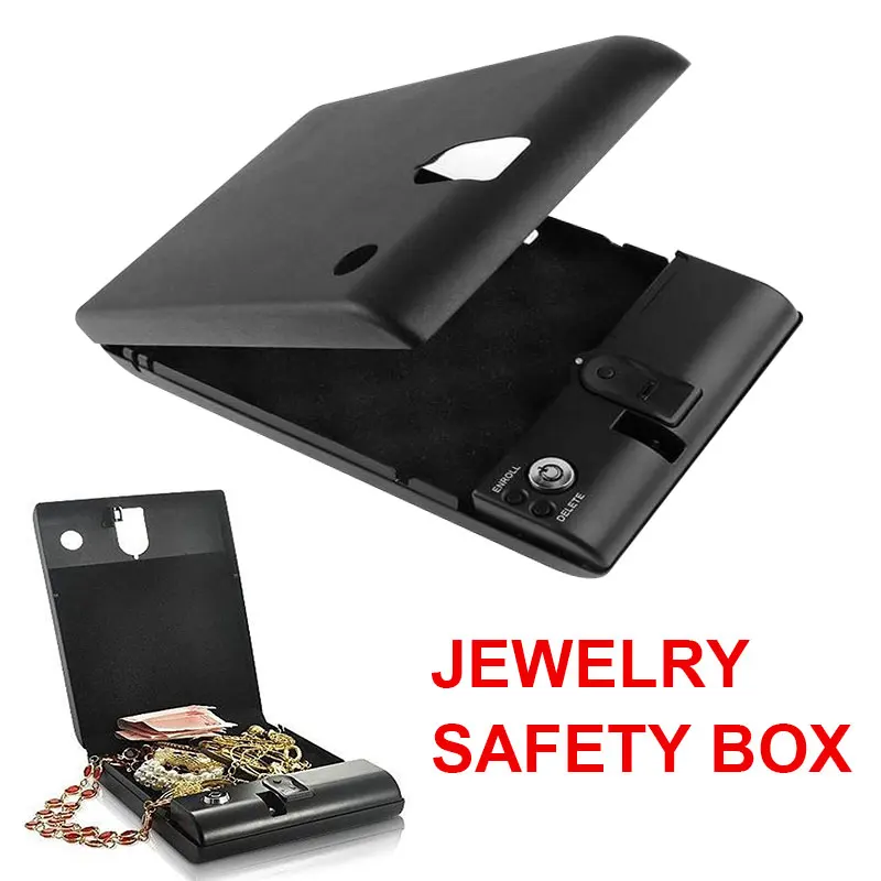 

Quality Biometric Fingerprint Safe Box Solid Steel Key Gun Vault Valuables Box Cable Portable Bio-box
