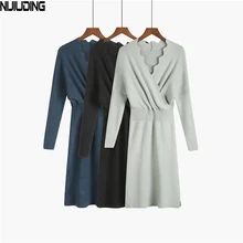 2018 Outono Inverno Sólidos Camisola de Malha de Algodão Vestidos de Moda Onda Solta Com Decote Em V Pulôver das Mulheres Femme Vestidos Vestido Feminino