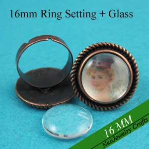 

16mm Antique Copper Rope-edged Finger Rings, Adjustable Victorian Blank Ring Setting + Matching Glass
