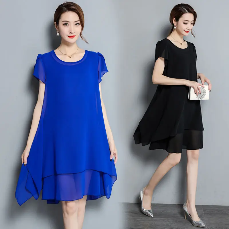 

L-5XL Plus Size Lady Summer Dress Korean Women Short Sleeve Elegant Chiffon Dresses Mini Vestidos Large Size Blue,Black,Red
