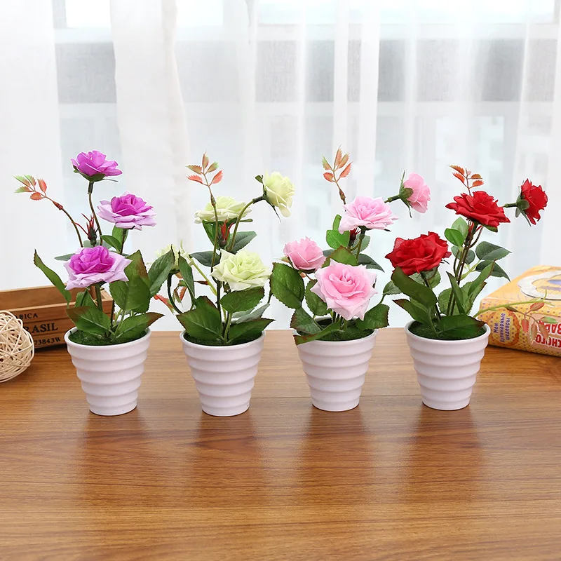 Mini Artificial Rose Silk Flower Fake Leaves Plastic Flower Pots Vase Moss Grass Filling