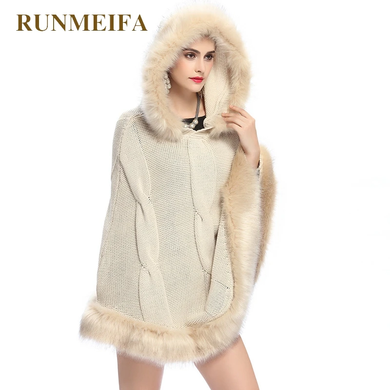 [RUNMEIFA] Новинка, осенние и зимние новые большой размер, свободного кроя из искусственного лисьего меха, теплый меховой воротник, Кепка-капюшон Трикотажное пончо, шаль, пальто