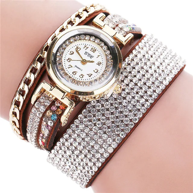 Luxury Brand Women Bracelet Watches Crystal Wrap Winding Quartz Wristwatch PU Le Luxury Brand Women Bracelet Watches Crystal Wrap Winding Quartz Wristwatch PU Le