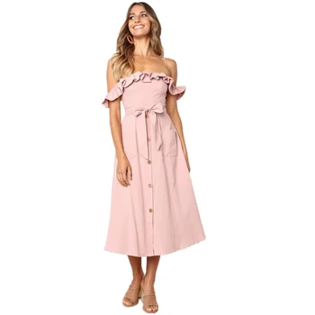 

LOSSKY Sexy Solid Summer Women's Dress 2020 Sexy One Shoulder Ruffled Backless Lace-up Pocket Dress Casual Women's Midi Dresses