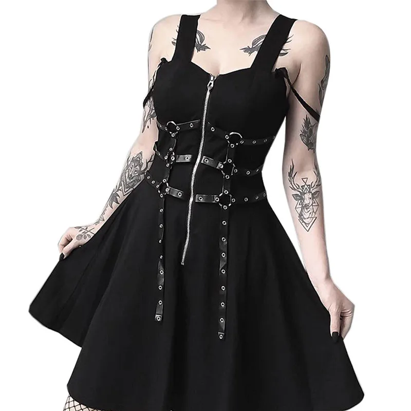 

Women Black Zipper Pleated Strap Dress Gothic Street Punk Wind Cosplay Dress