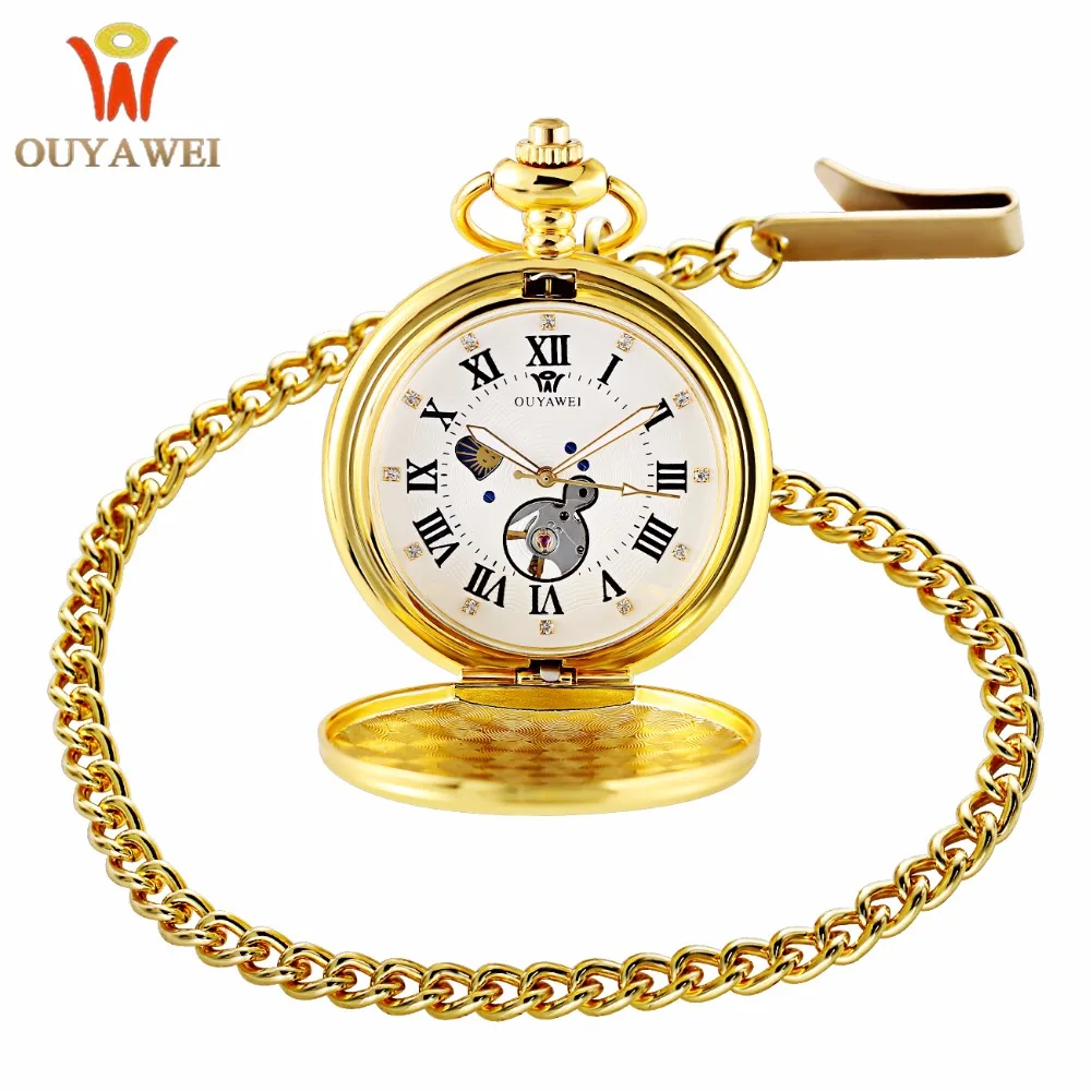 

OUYAWEI Retro Fob Watch Luxury Golden Case Moon Phase Skeleton Dial Roman Numerals Male Clock Mechanical Hand-wind Pocket Watch