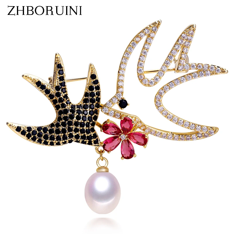 

ZHBORUINI 2019 New Natural Freshwater Pearl Brooch Creative Animal Gold Swallow Brooch Pins Pearl Jewelry For Women Accessories