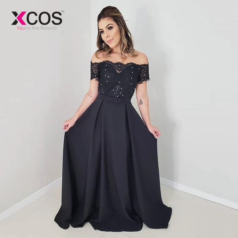 XCOS vestido de gala, кружевное черное платье для выпускного вечера, длинное,, с открытыми плечами, шифоновое, с бисером, длина до пола, женские вечерние платья