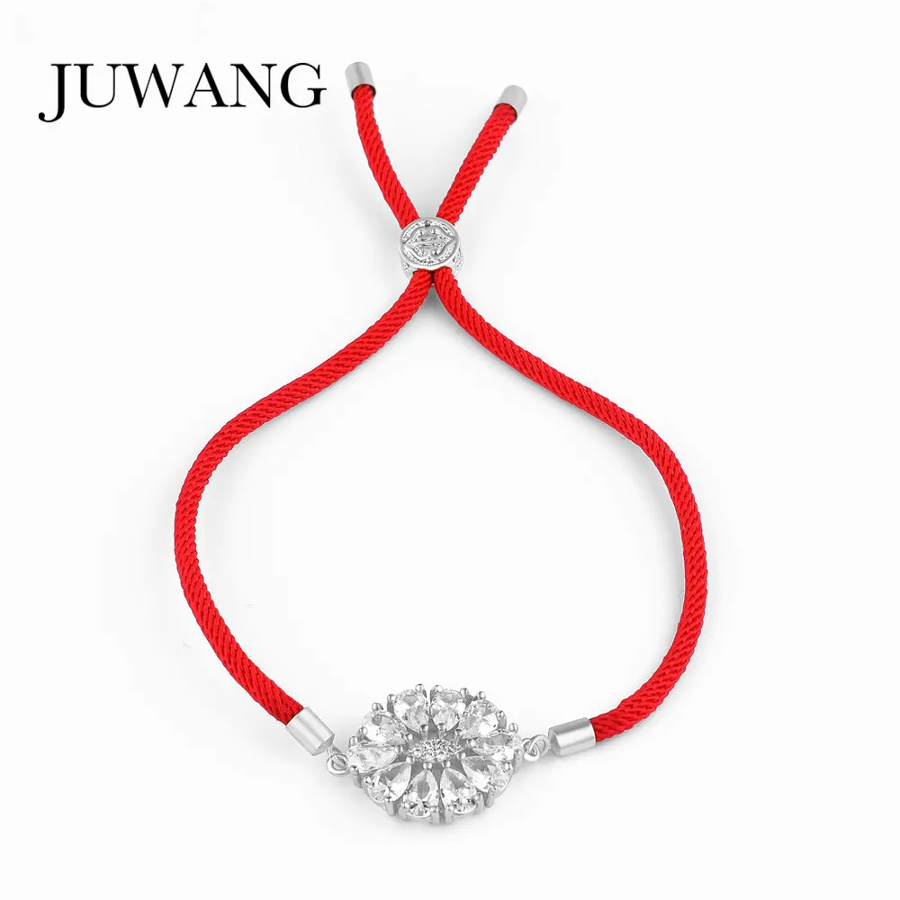 

JUWANG Round Flower Bracelet For Women Girl Cubic Zirconia Copper Charm Bracelet Red/Black Rope Jewelry Gift