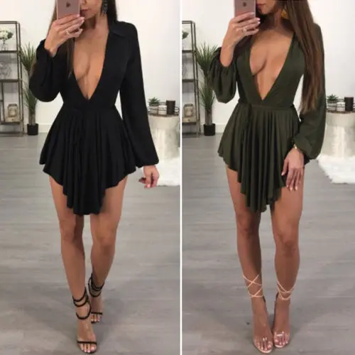 

Autumn Womens Choker V Neck Long Sleeves Ladies Casual Mini Dress Women Solid Loose Dresses
