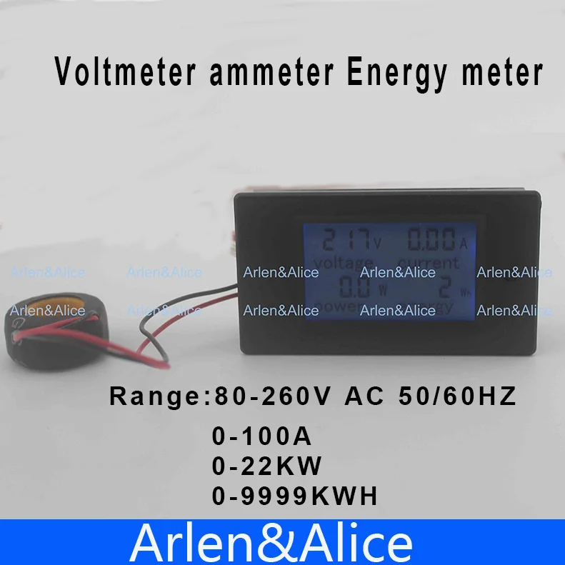 ЖК-дисплей 4IN1 100A Напряжение ток активной мощности энергии метр Синий Подсветка Панель Вольтметр Амперметр кВтч на рост от 80 до 260V 50/60HZ Разделение CT - Цвет: Round CT