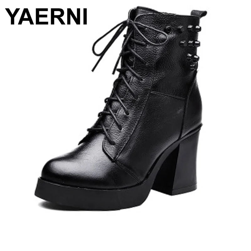 YAERNI 2017 New Autumn/winter Genuine Leather Bold heel rivet fashion Martin boots