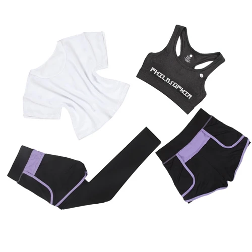 Женская Спортивная одежда для тренировок в тренажерном зале, штаны+ бюстгальтер+ шорты+ штаны, костюм из 4 предметов, одежда для йоги спортивный костюм, комплект - Цвет: Фиолетовый