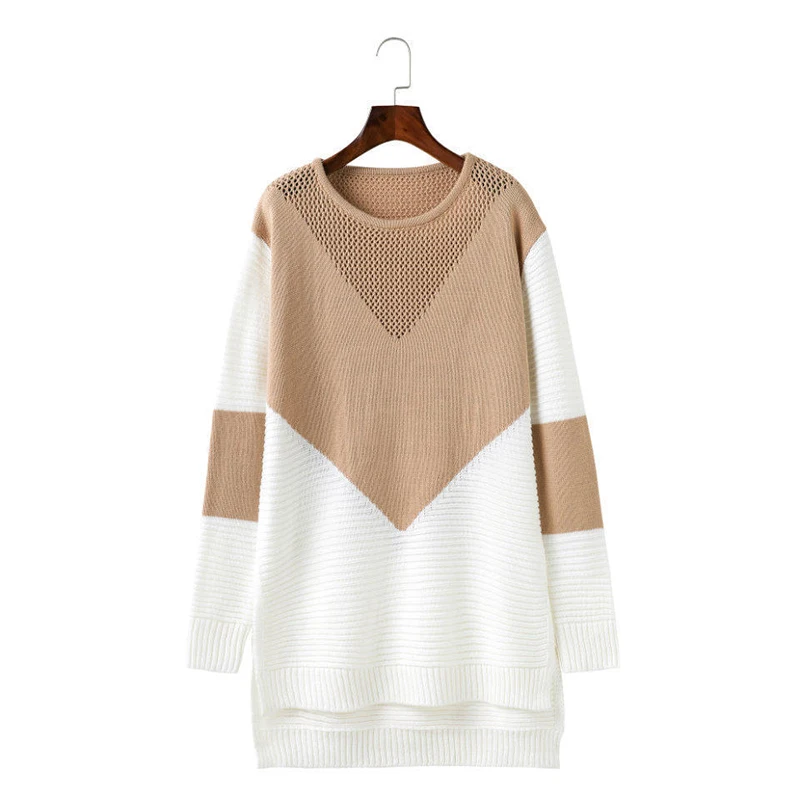 

2017 new Women Knitted Long Sleeve Sweater Pullover fashion autumn o-neck hollow out contrast color casual sweater tops
