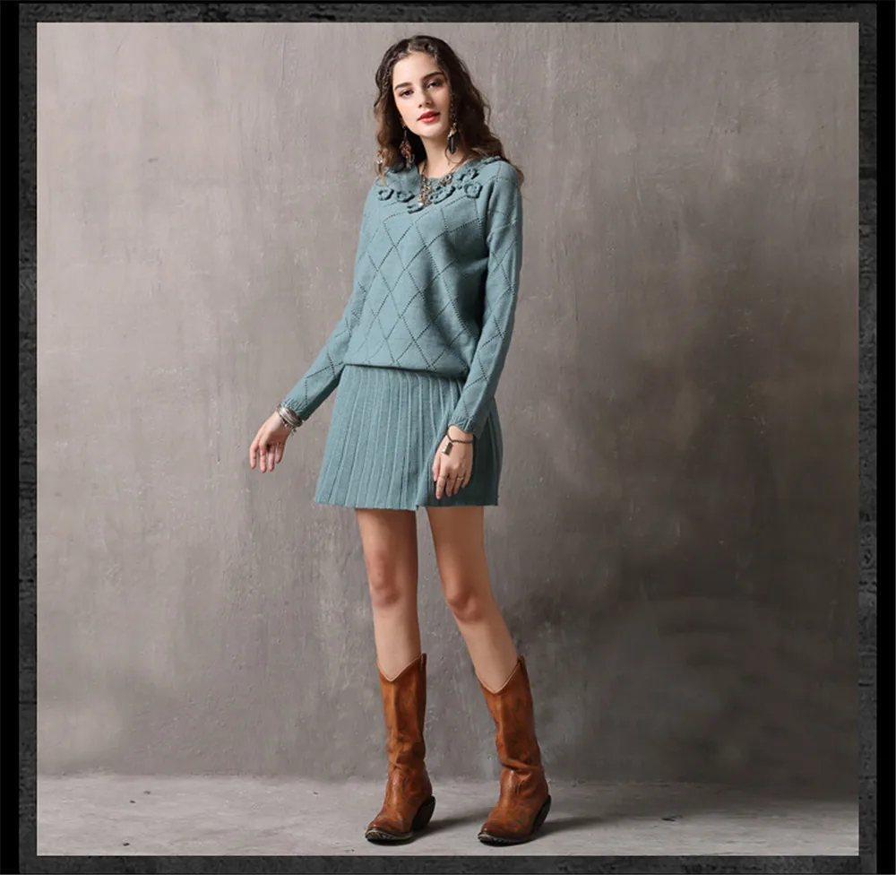 Vintage Winter Sweater Dress 2018 Cotton Wool Floral Knitting Dresses Female O-Neck Long Sleeve Pleated Sweater Dress Vestidos (7)