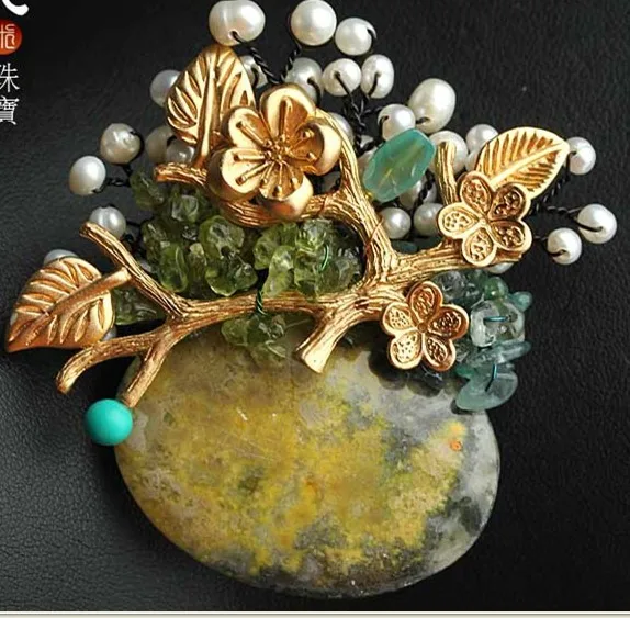 

Natural Semi-precious Stone With Freshwater Pearl Brooch Pendant Free Shipping Fashion Jewelry