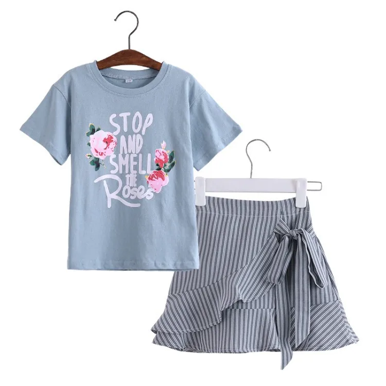 2019 Summer Children Clothing Set For Teenage Girls Fashion Letter Flower Tshirt Ruffles Skirt 2Pcs Kids Clothes Suit 10 12 Year (19)