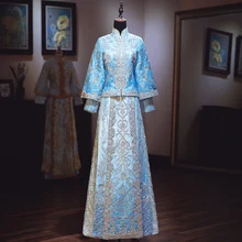 Вышивка бисером синий воротник мандарина Китайский Женский Cheongsam горный хрусталь Изысканный костюм Тан одежда Qipao Вышивка винтажное платье