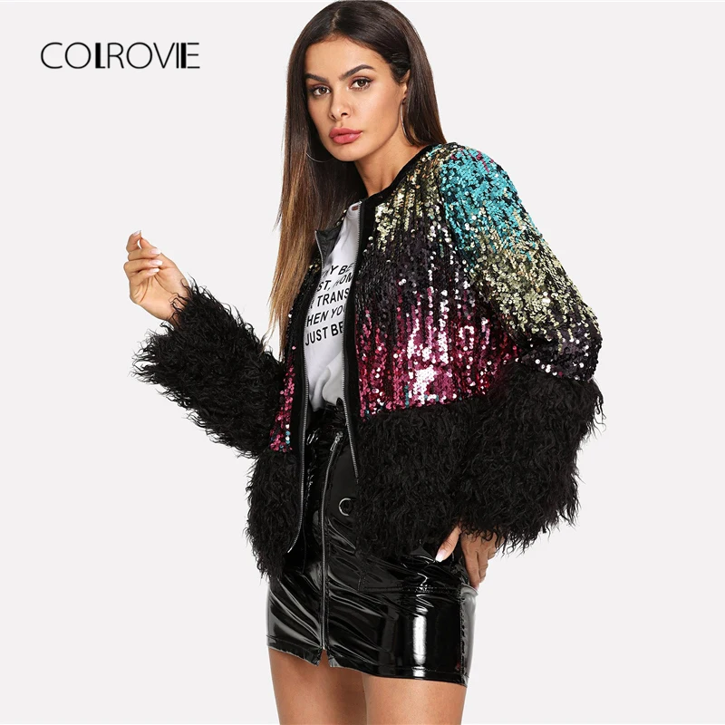 COLROVIE Sequin уличная шуба из искусственного меха женская куртка Осенняя Повседневная модная офисная зимняя теплая ночная женская верхняя одежда