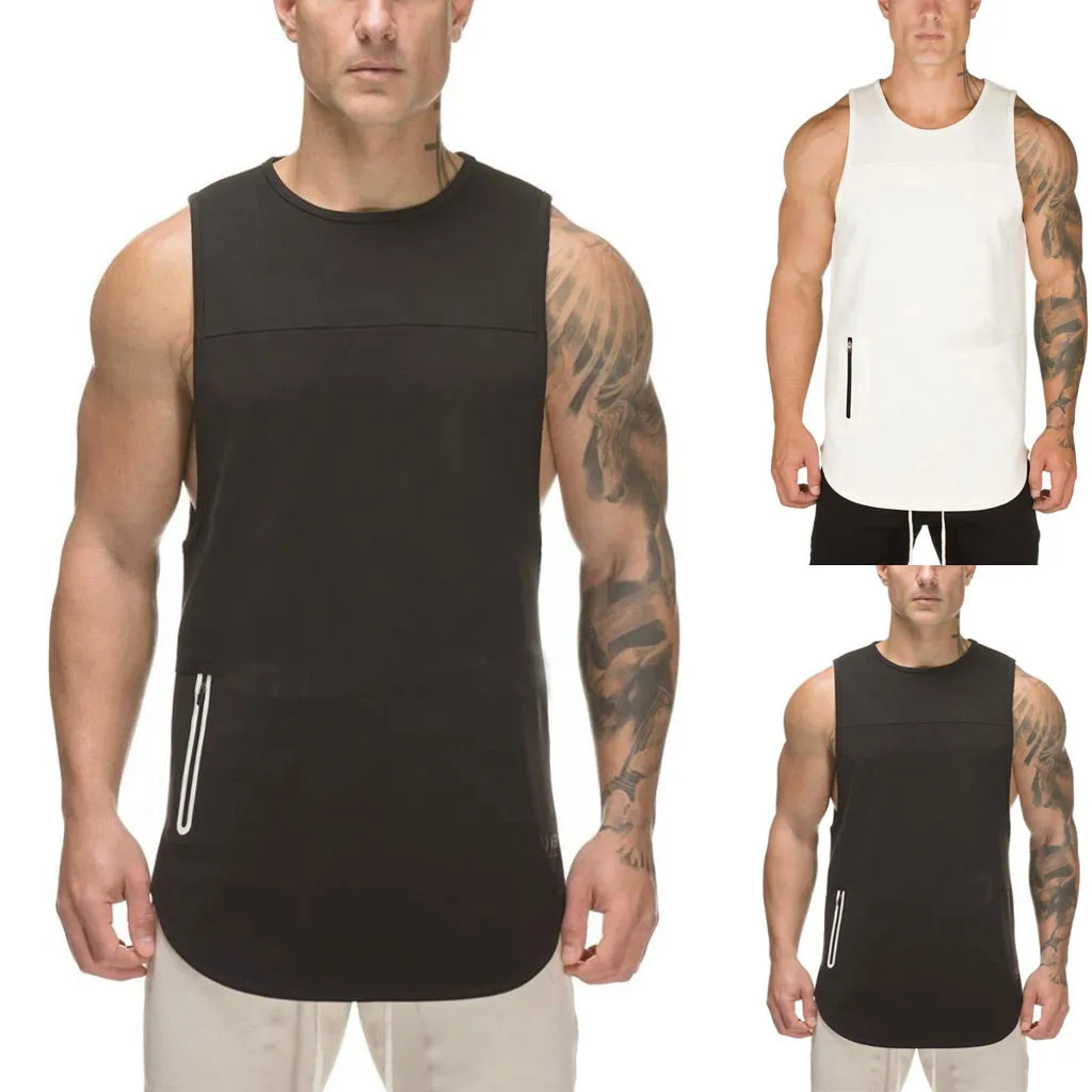 

Men Pure Color Sports Vest Zipper Slim Large Open-Forked Male Vest