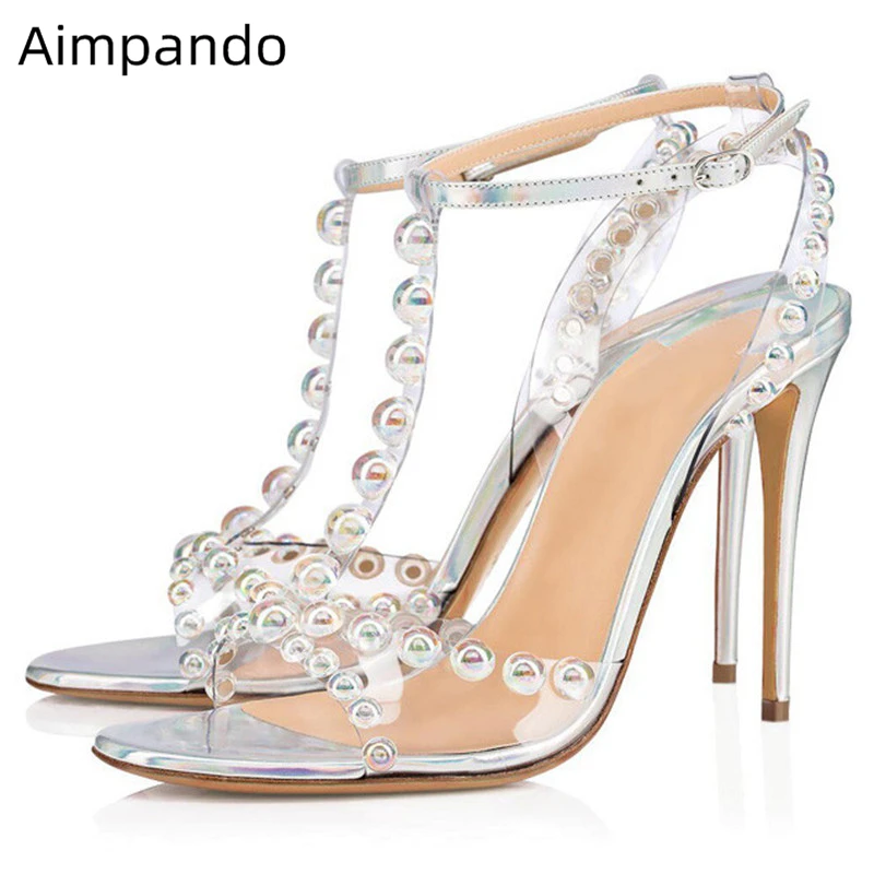 

Sexy Rivet Ball Gladiator Sandals Women Stiletto Heel Ankle Strap Open Toe Transparent PVC Summer Catwalk Sandalias Mujer
