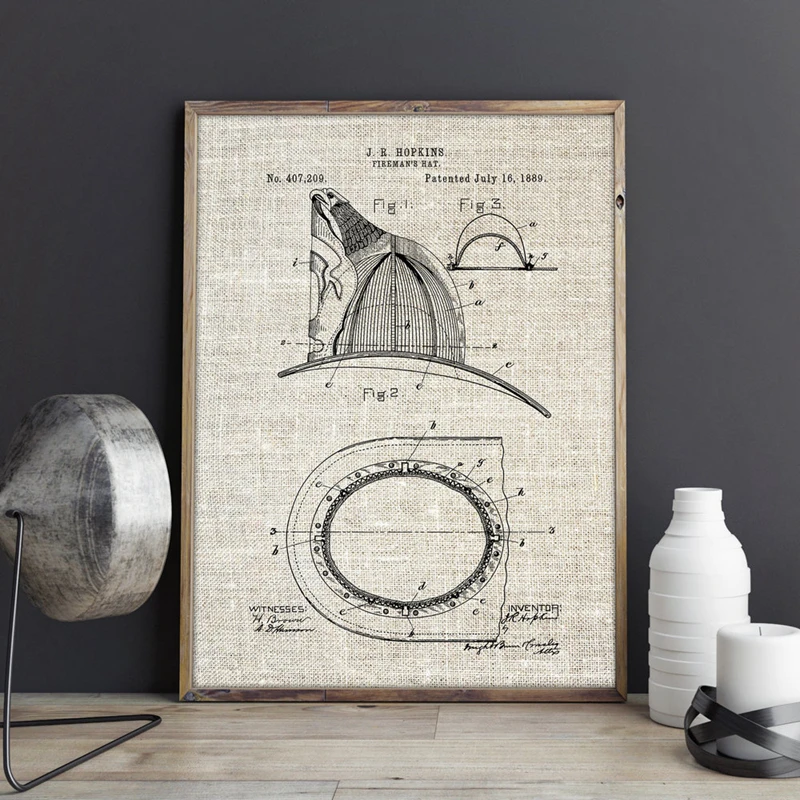 Fireman Helmet Patent Wall Art Canvas Painting Fire Fighter Hat Art Vintage Blueprint Posters and Print Wall Picture Home Decor