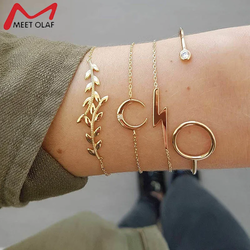

Fashion 4 Pcs/ Set Lightning Leaf Moon Knot Round Multilayer Personalized Opening Adjustable Bracelet Set Women Jewelry Gift