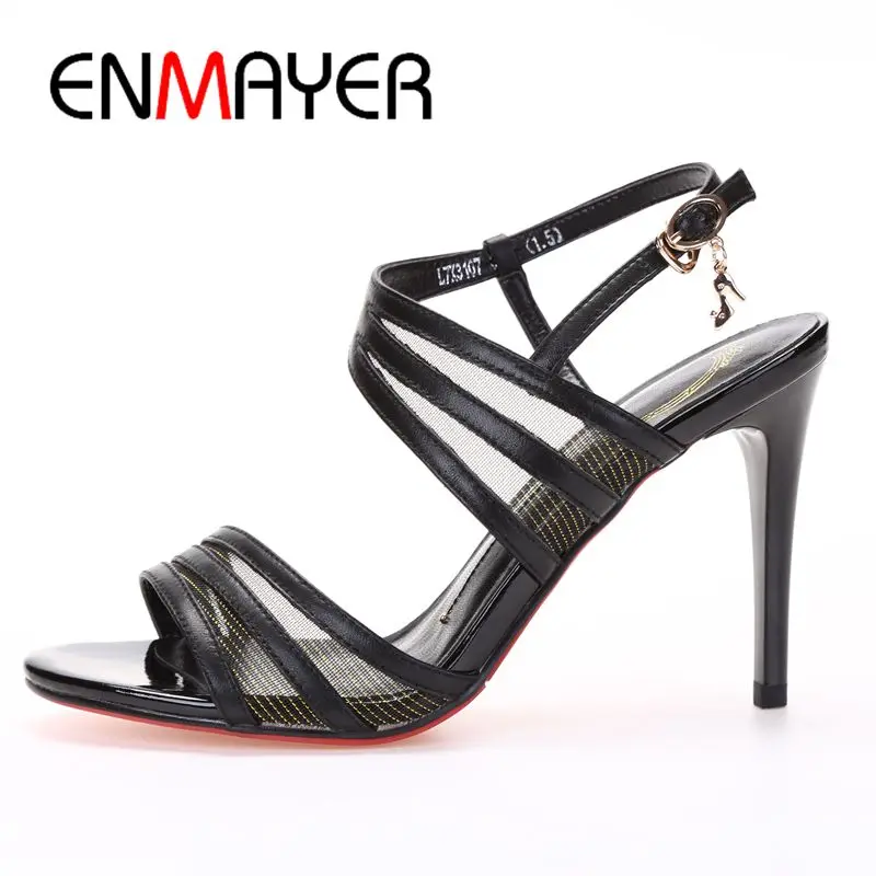 

ENMAYER Genuine Leather Basic Party Women Sandals Summer 2019 High Heel Buckle Strap Solid Sandals Size 34-39 LY1421