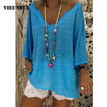 

VIEUNSTA 5XL Deep V Neck Womens Tops and Blouses Elegant Three Quarter Sleeve Solid Shirt Summer Loose Streetwear Blusa Harajuku