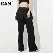 [EAM] Новинка, Осень-зима, черные, с высокой талией, с разрезом, индивидуальные, длинные, широкие, свободные штаны, женские брюки, модные, JQ7810