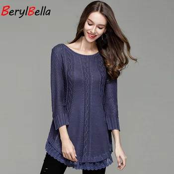 

Lace Sweater Woman Tops Autumn Long Sweater Knitted Pullovers O-Neck Loose Knitwear Clothing Ladies