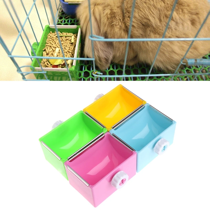 Pet Feeding Bowl Rectangle Plastic Fix Cage Food Water Feeder For