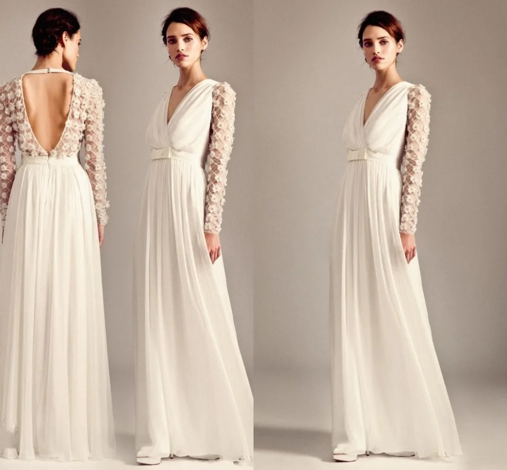 Special White Chiffon Long Evening Dress V Neck Long Sleeve A Line