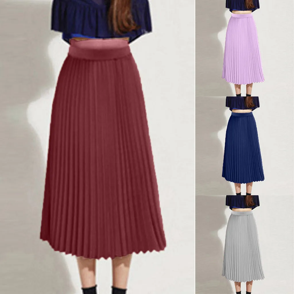 Женская юбка новая мода Всесезонная однотонная плиссированная Повседневная элегантная миди эластичный шифоновый пояс Макси Юбка Saia longa plissada