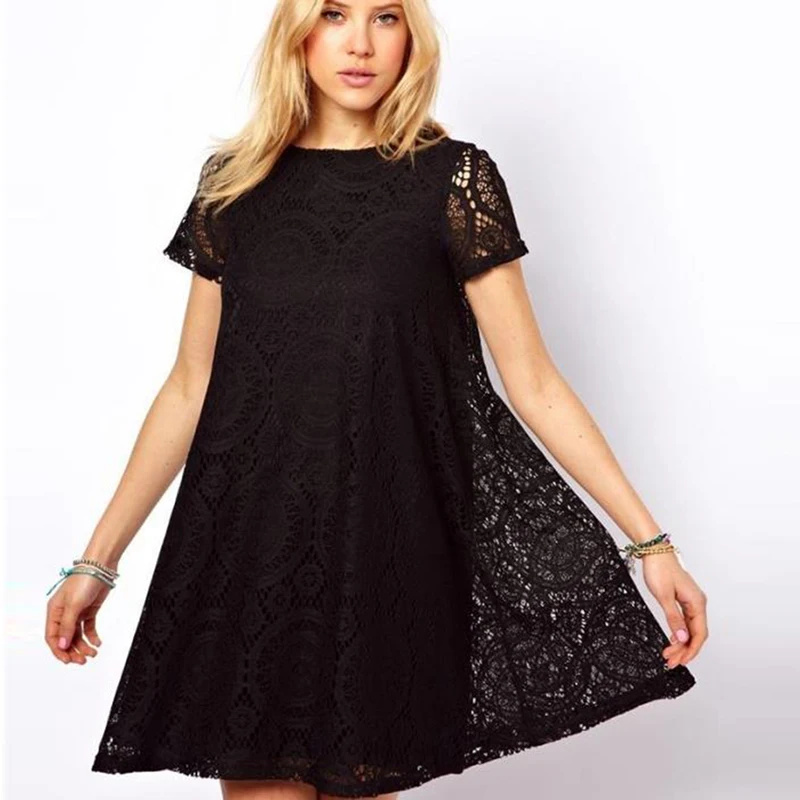 Summer Plus Size Lace Dresses Vintage O-neck Loose A-Line Short Sleeve Party Dress Ladies Elegant Hollow Out Vestidos FP0419 | Женская