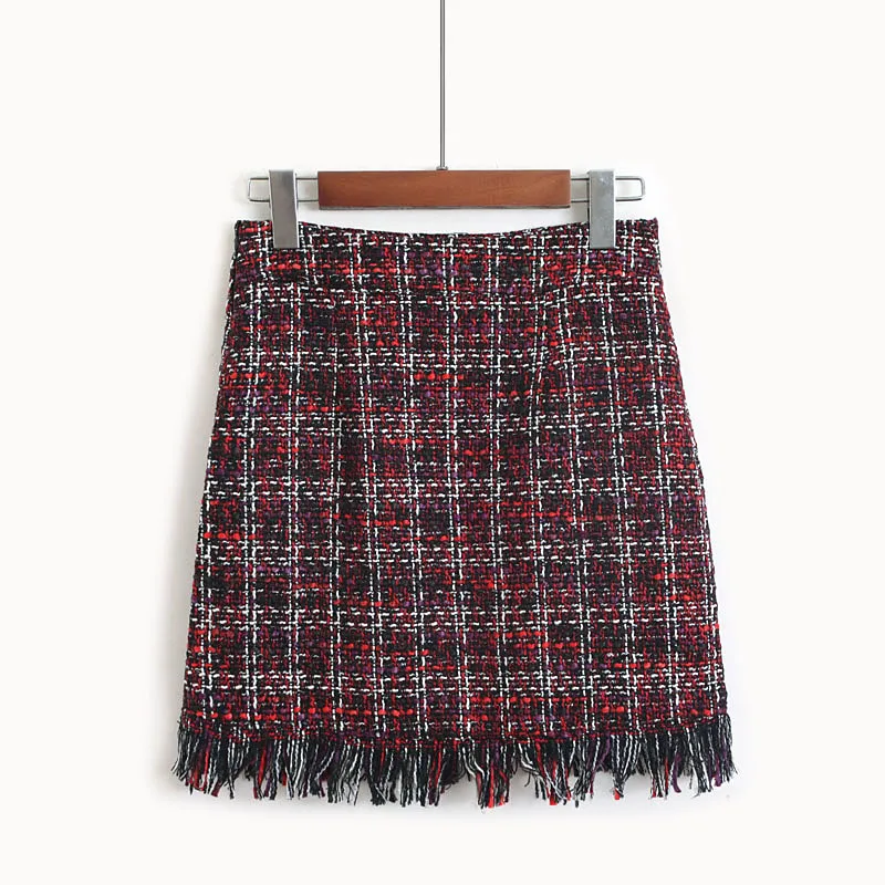 Женская шерстяная мини-юбка на осень и зиму, винтажная прямая клетчатая юбка с кисточками и высокой талией, облегающие бедра юбки Femininas