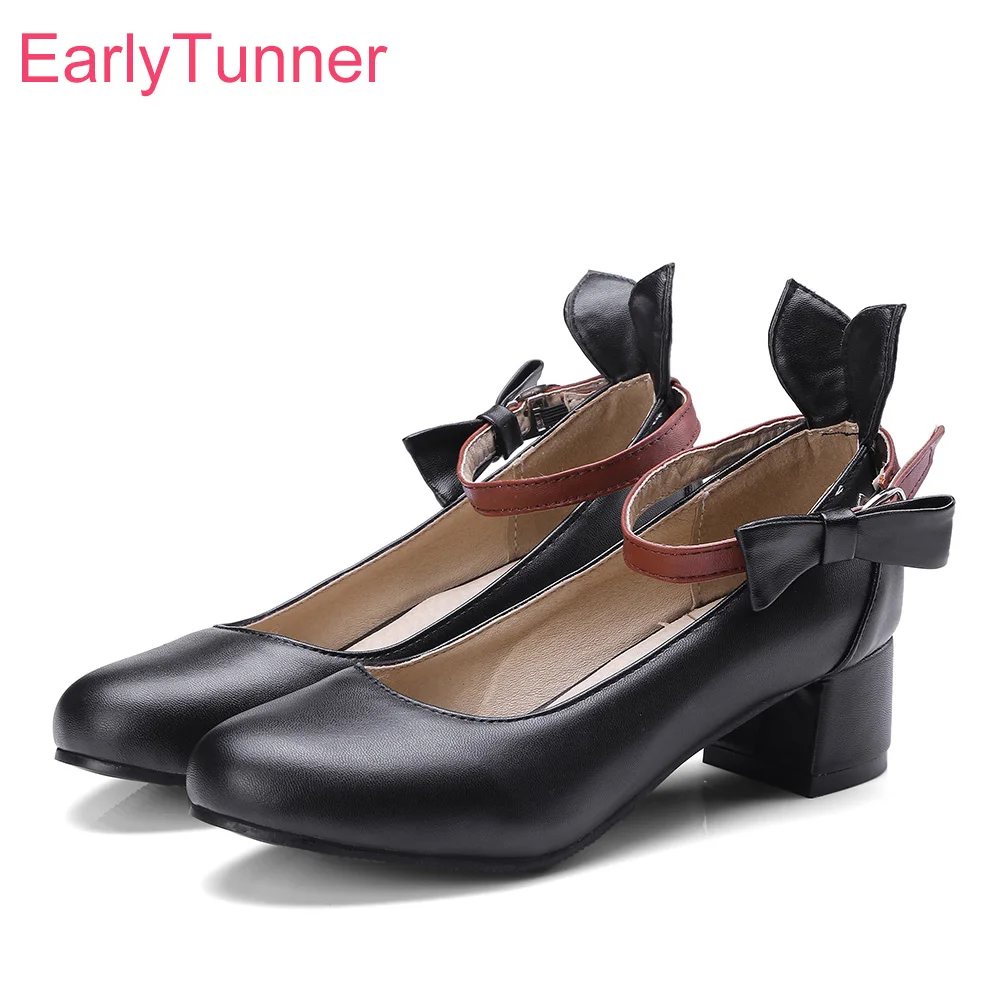 

Brand New Sweet Black Pink Women Wedding Pumps Fashion Med Square Heels Lady Dress Shoes EP90 Plus Big Size 10 12 43 46 48