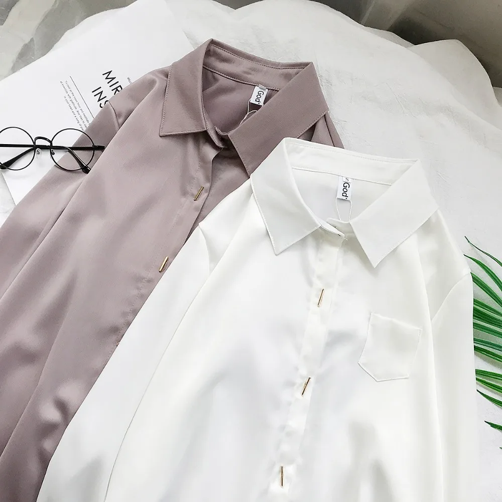 Najtaniej 2019 nowa koszulka solid Office odzież damska zapinana z długim rękawem skręcić w dół kołnierz kieszenie bluzka Feminina jesień HOT sprzedaży T8D520M