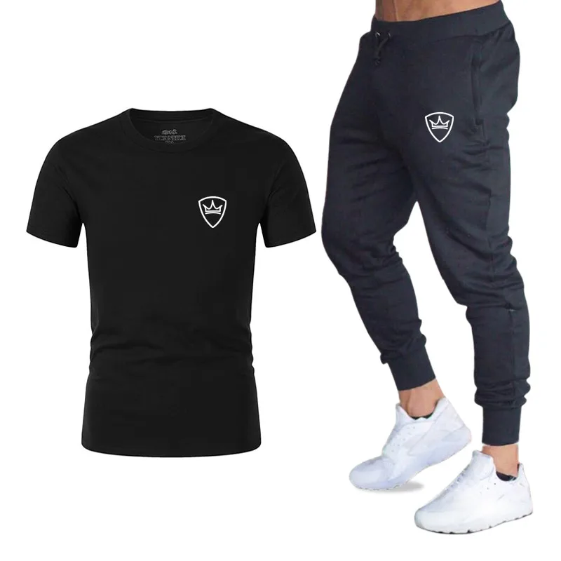 

2019 New casual suit men's summer quality couple sportswear cotton printing T shirt + trousers two-piece fashion clothing