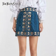 TWOTWINSTYLE, Корейская, открытая, женская юбка, высокая талия, вышивка бисером, из кусков, тонкая, мини юбки, женская мода,, летняя, Новинка