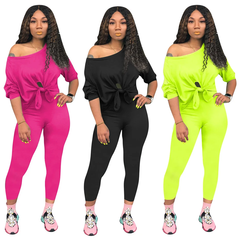 

ZKYZWX Sexy Neon Two Piece Tracksuit Set Long Sleeve Off Shoulder Top and Pants Sweat Suits Women Outfits Club Matching Sets