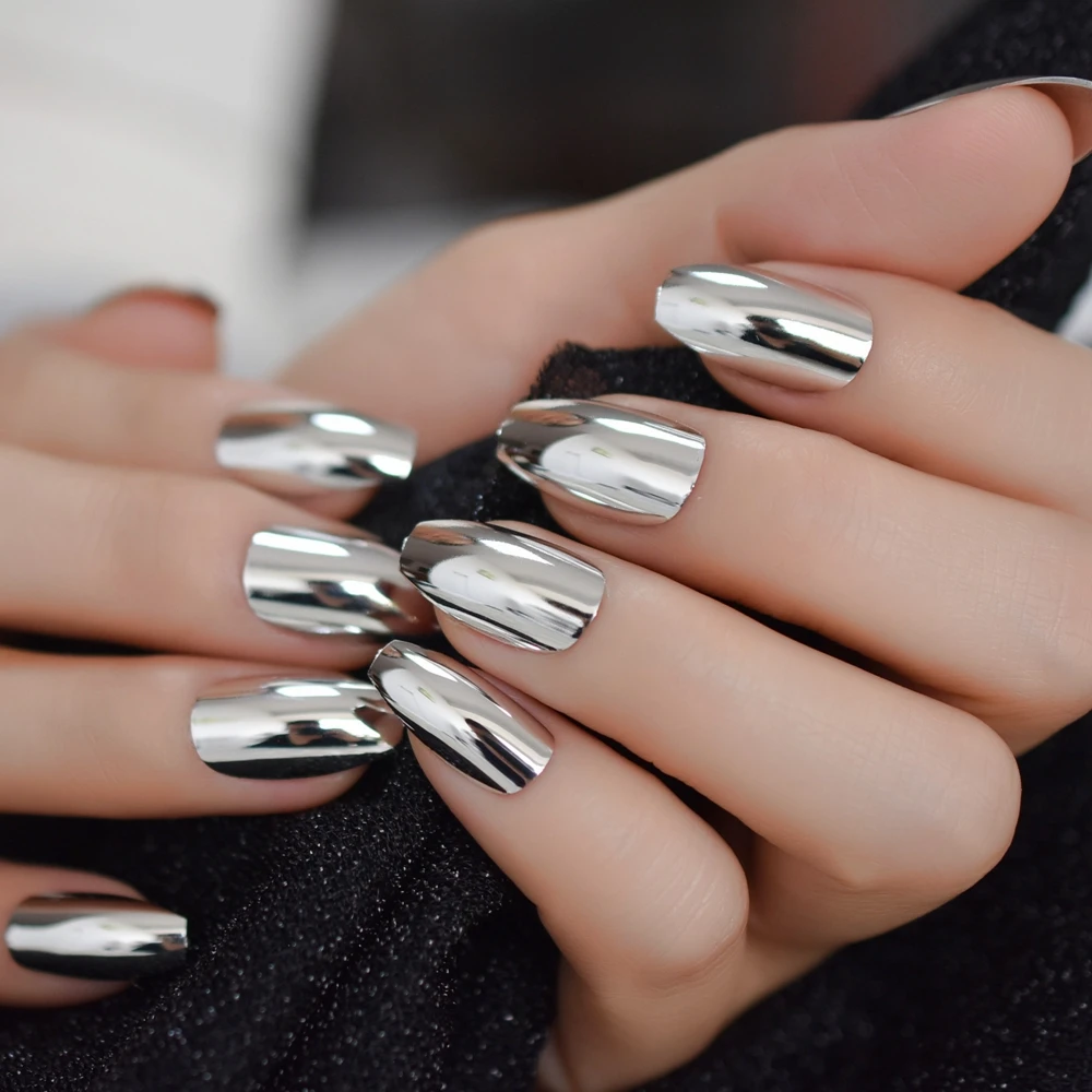 

Mirror Coffin Medium Nails Silver Metallic Ballet Art Fake False Nails Shining Glamour Nail Tip