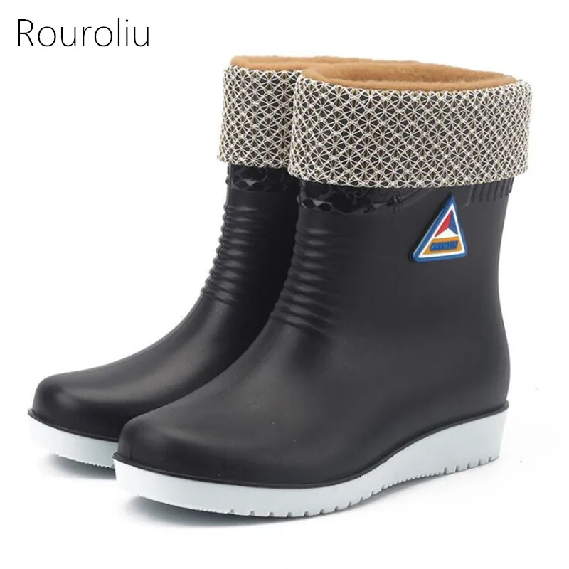 Achat Rouroliu Femmes Mi mollet Hiver Chaud Bottes de Pluie Non Slip Épais Talons Imperméables Chaussures D eau Femme Bottes En Caoutchouc RT333