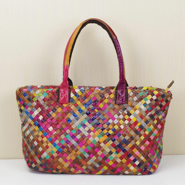 

100% real genuine leather bag women multi-colored patchwork stripe woven shoulder bag